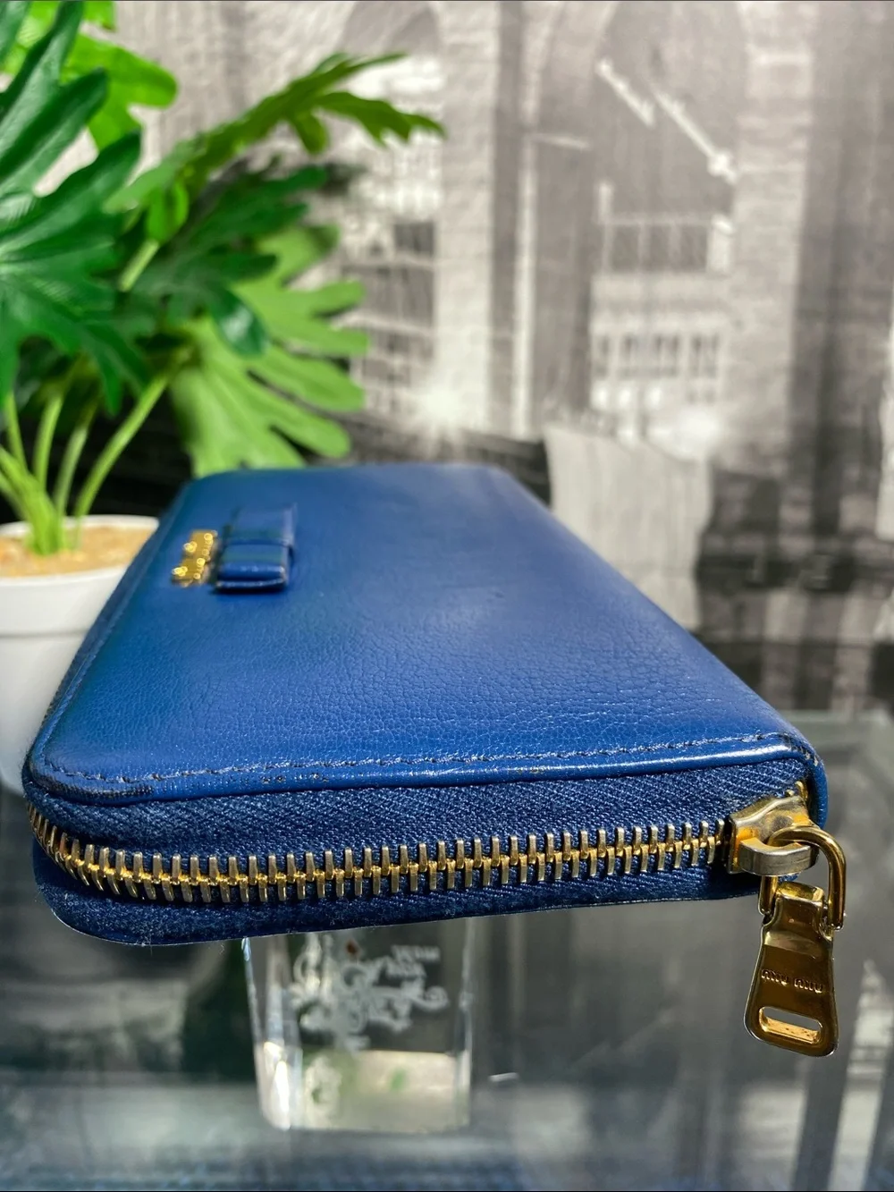 Authentic MIU MIU 💙 Bow Blue Leather Long Wallet in rich royal blue leather